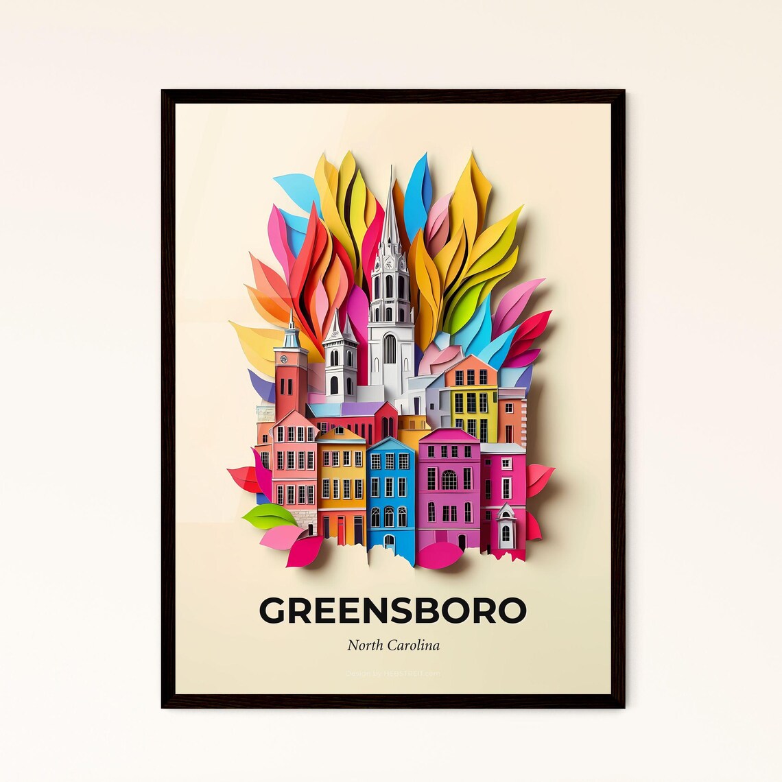 Greensboro North Carolina Colorful Paper Cut Church Scene Poster