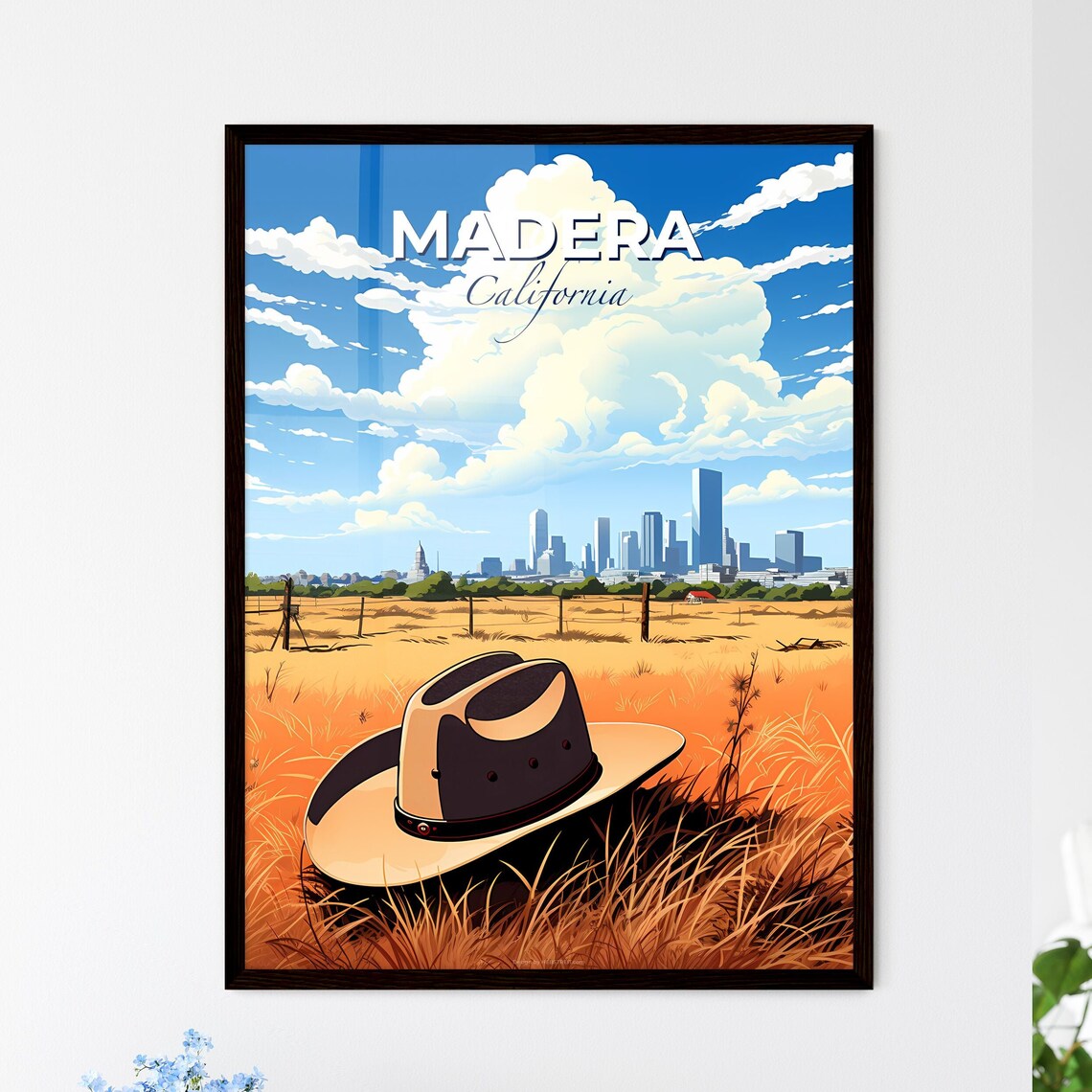 Madera California Cowboy Hat Wheat Field Skyline Scene Poster