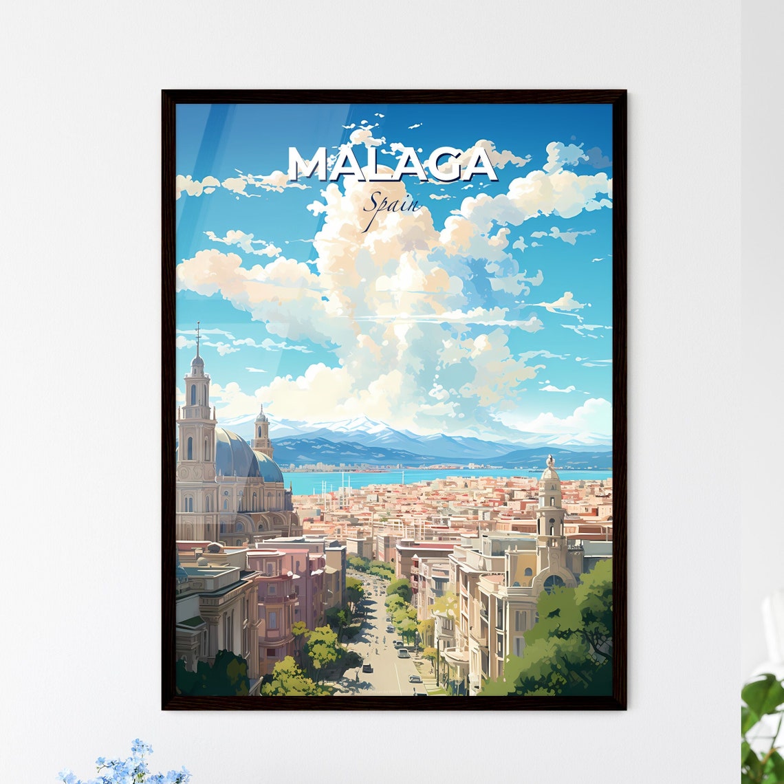 Malaga Spain Cathedral and Harbor beneath Bright Blue Skies Poster