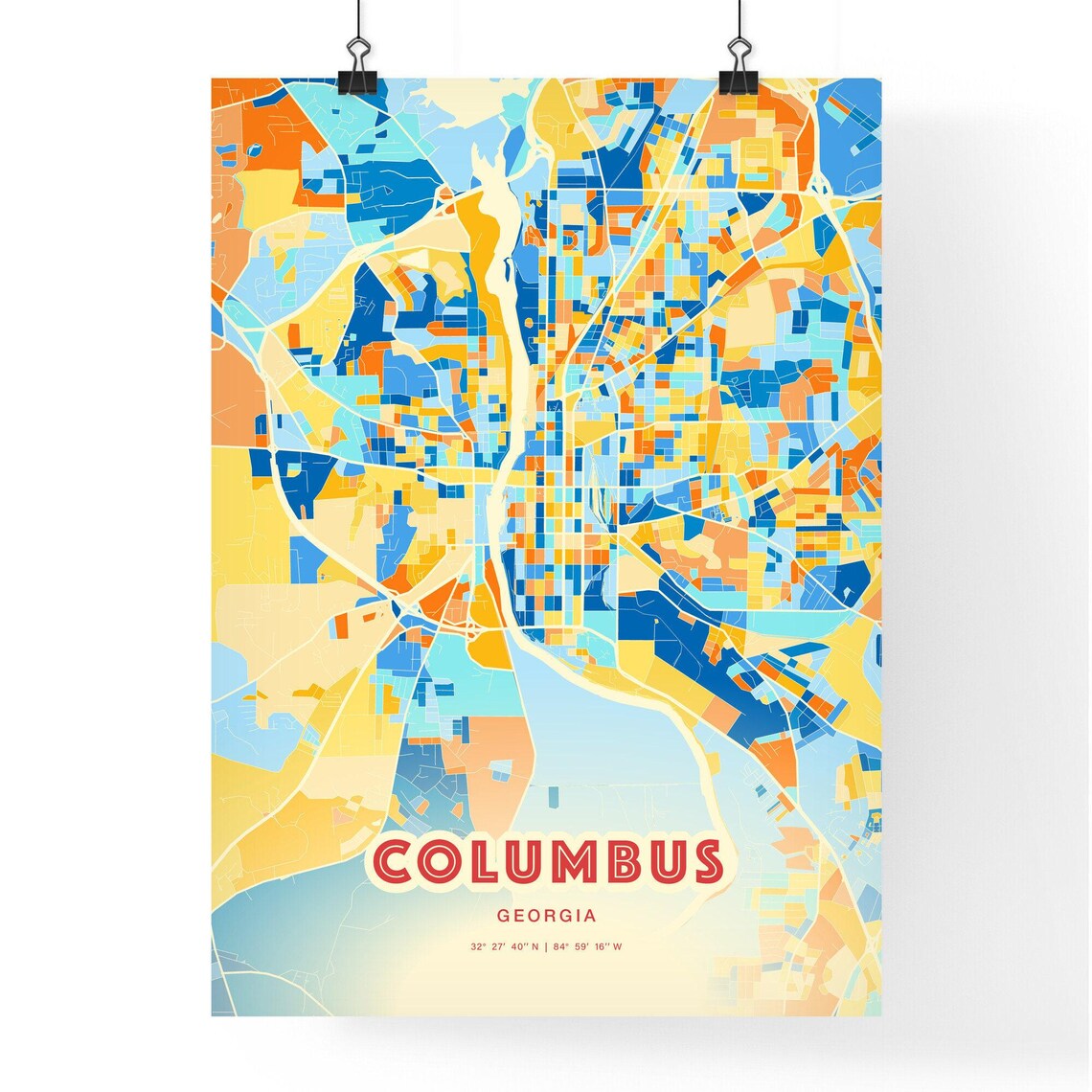 Columbus Georgia Vibrant Colorful Blue Orange City Map Art Poster - Image 3