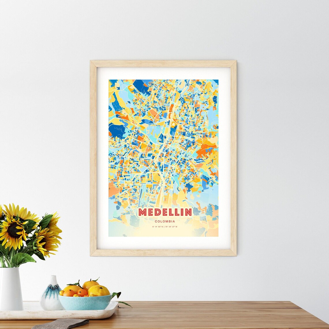 Medellin Colombia Colorful Blue Orange City Map Art Poster with Coordinates - Image 2