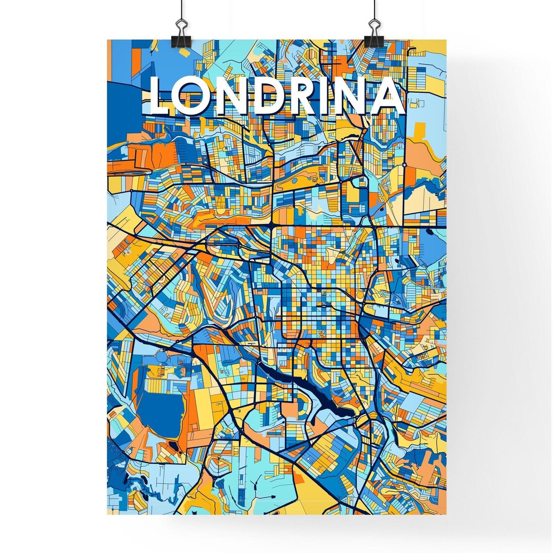 Londrina Brazil Stylish Vibrant Blue and Orange Mosaic City Map Poster - Image 4