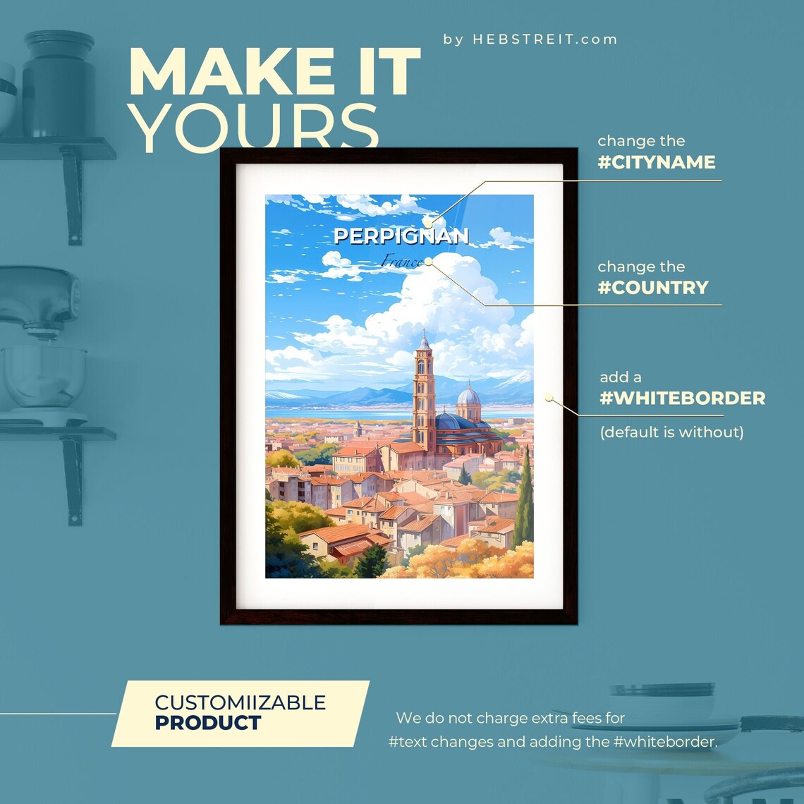 Perpignan France Poster Illustrated Travel Skyline Cathedral Mountain Art - Image 2