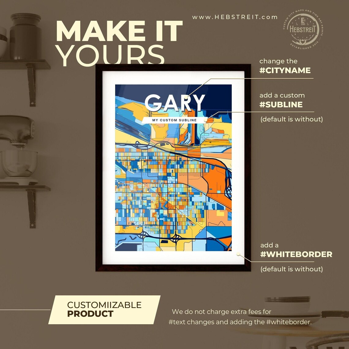 Gary Indiana Eye Catching Colorful City Street Map Art Poster - Image 2