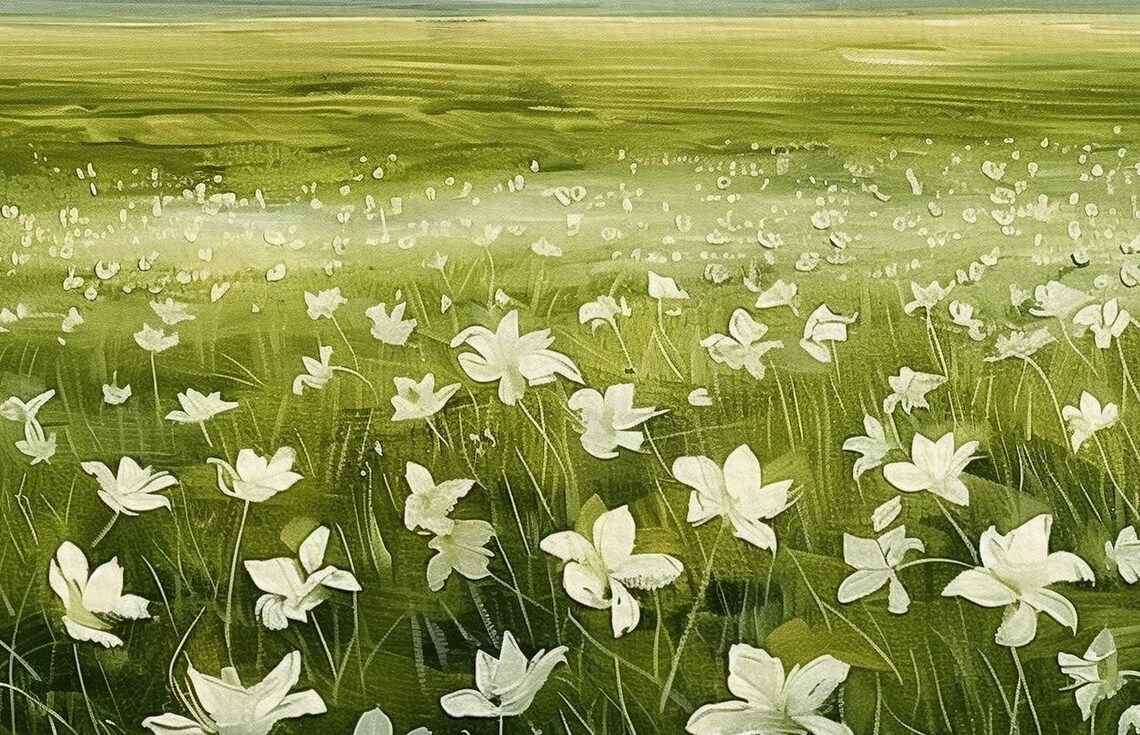 White Wildflower Field Painting Serene Green Meadow Landscape Poster - Image 4