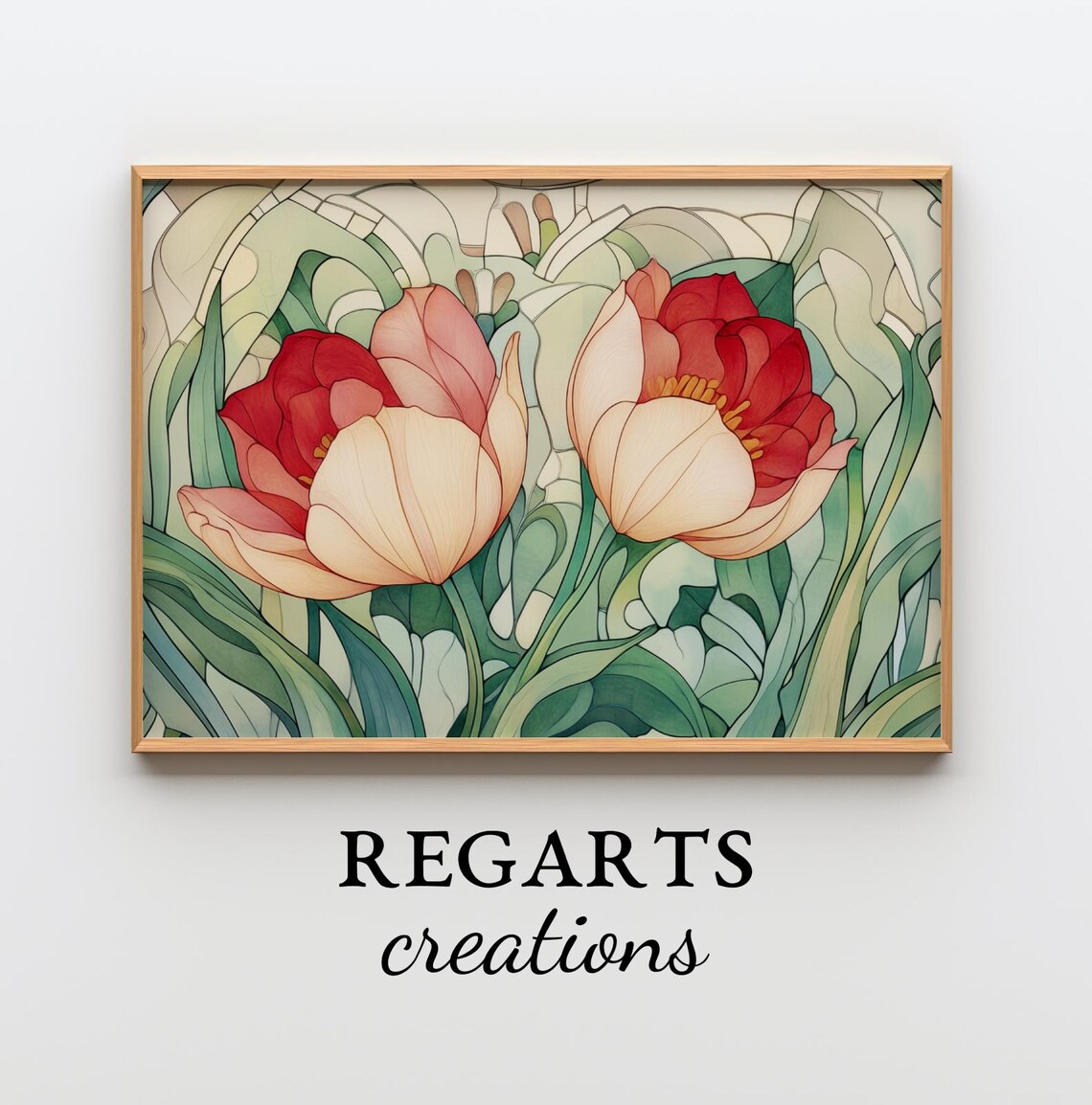 Art Nouveau Red And Cream Tulips Stained Glass Style Floral Poster - Image 3