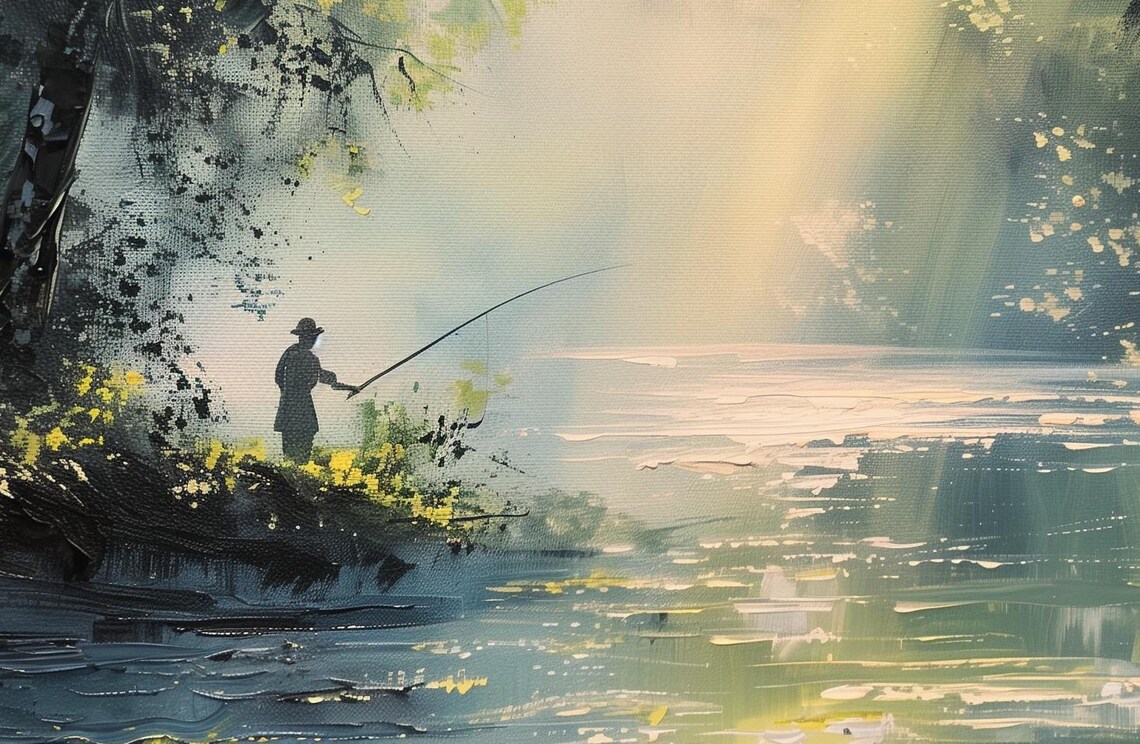 Morning Mist River Painting Fisherman In Sunlit Forest Poster - Image 4