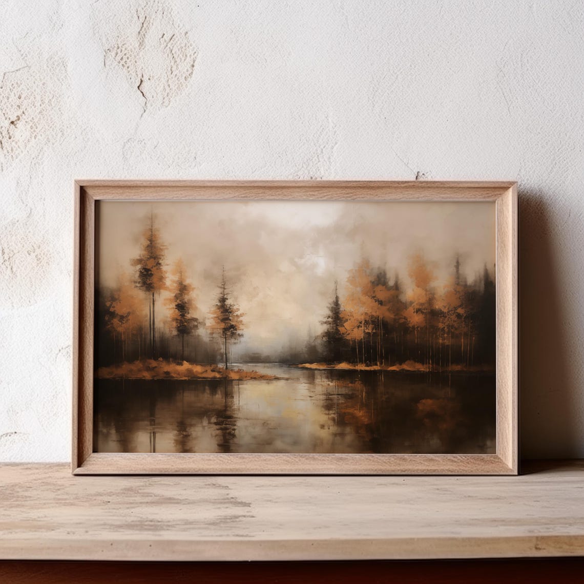 Misty Autumn Lake Painting Golden Trees Reflection Calm Scene Poster - Image 2