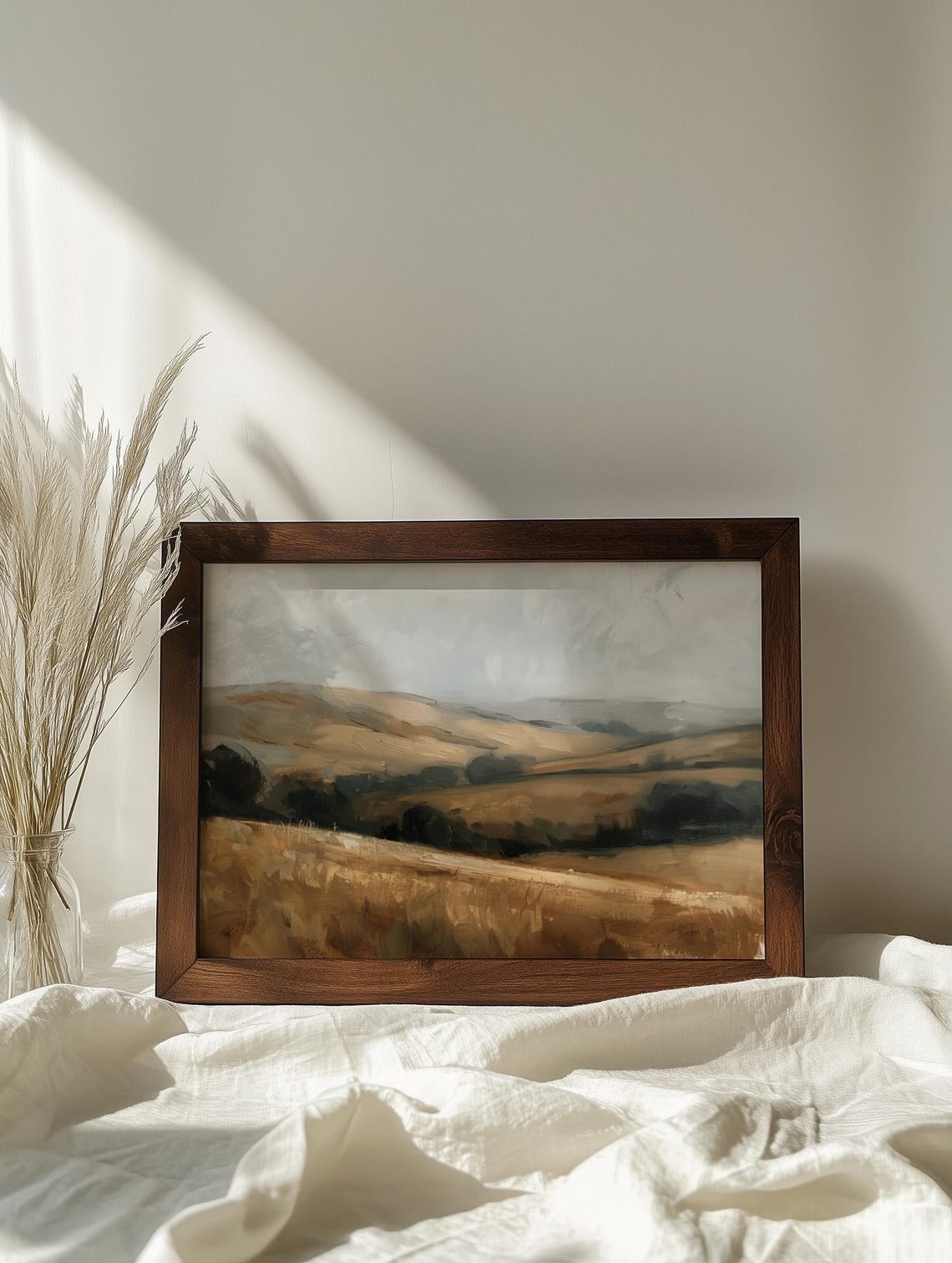 Muted Rolling Hills Landscape Painting Overcast Golden Fields Poster - Image 5