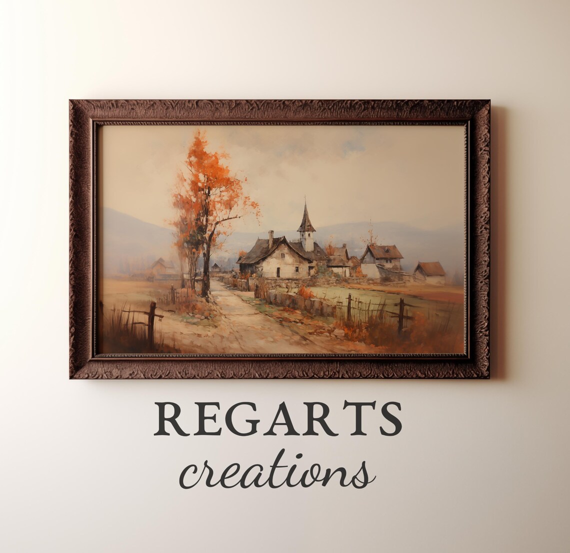 Quiet Autumn Village Painting Church Spire Orange Trees Poster - Image 5