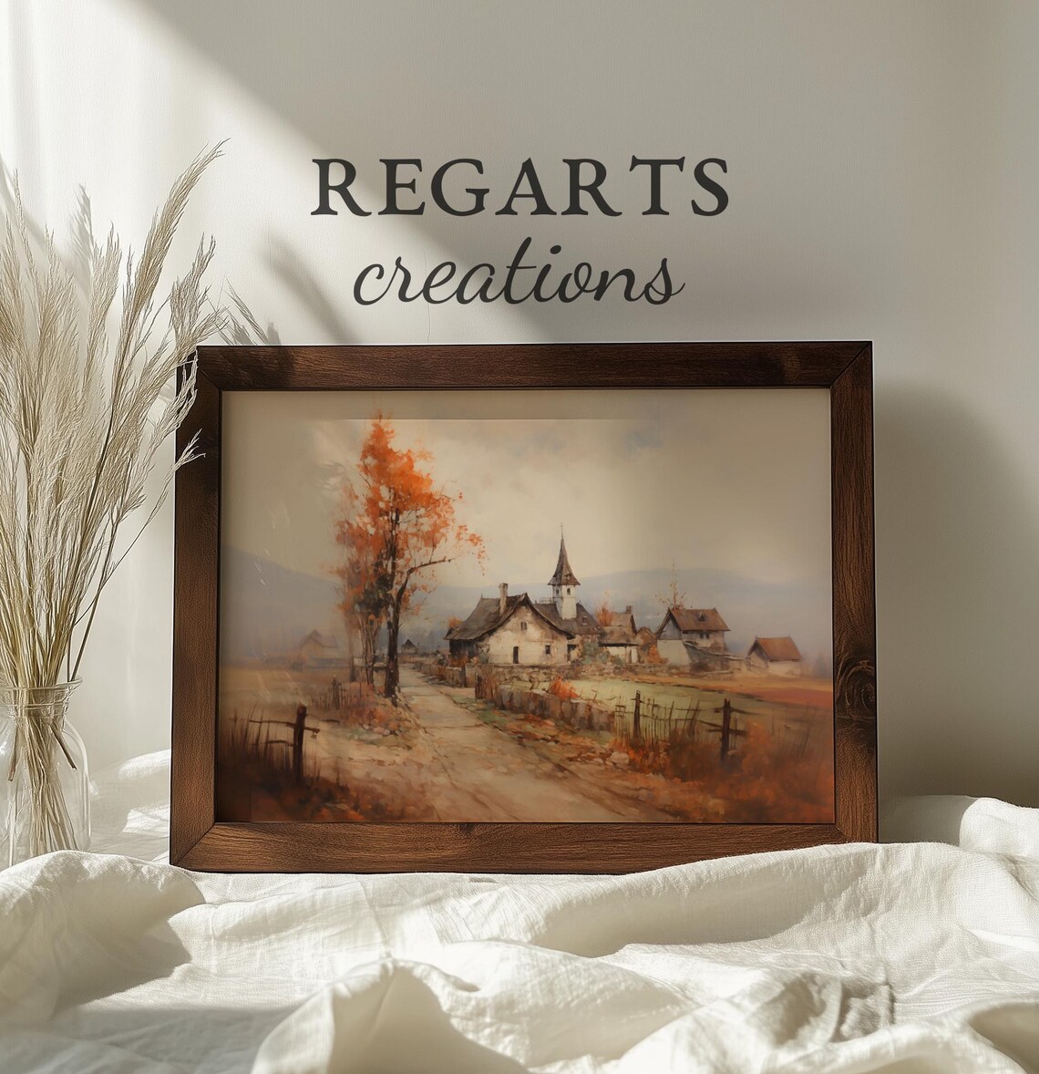 Quiet Autumn Village Painting Church Spire Orange Trees Poster