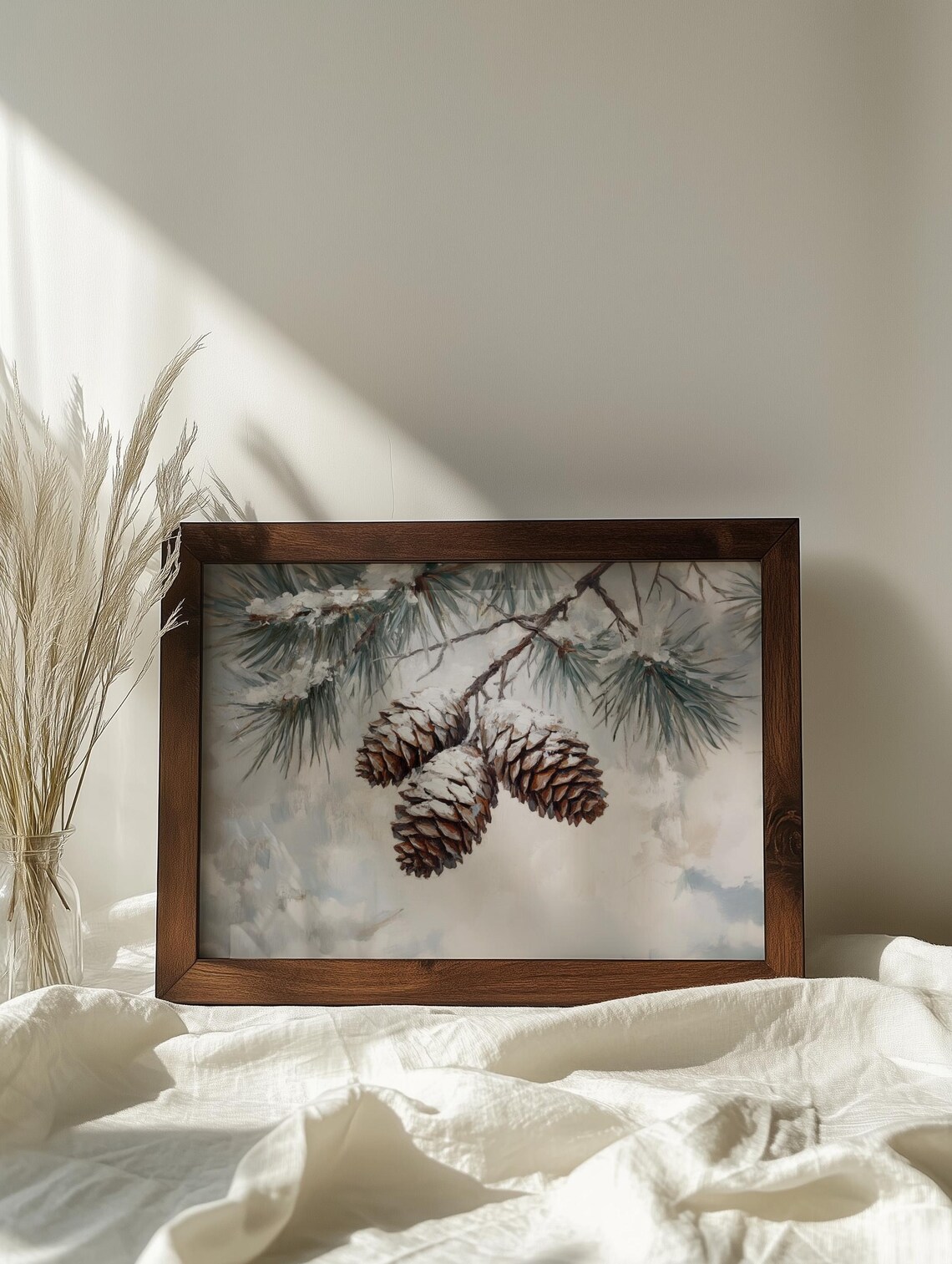 Antique Pine Cone Oil Painting, Elegant Winter Scene - Image 6