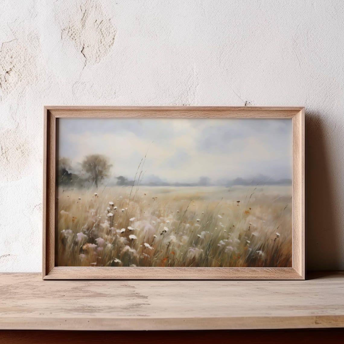 Misty Meadow Painting Tall Grass White Blooms Neutral Tones Poster - Image 4