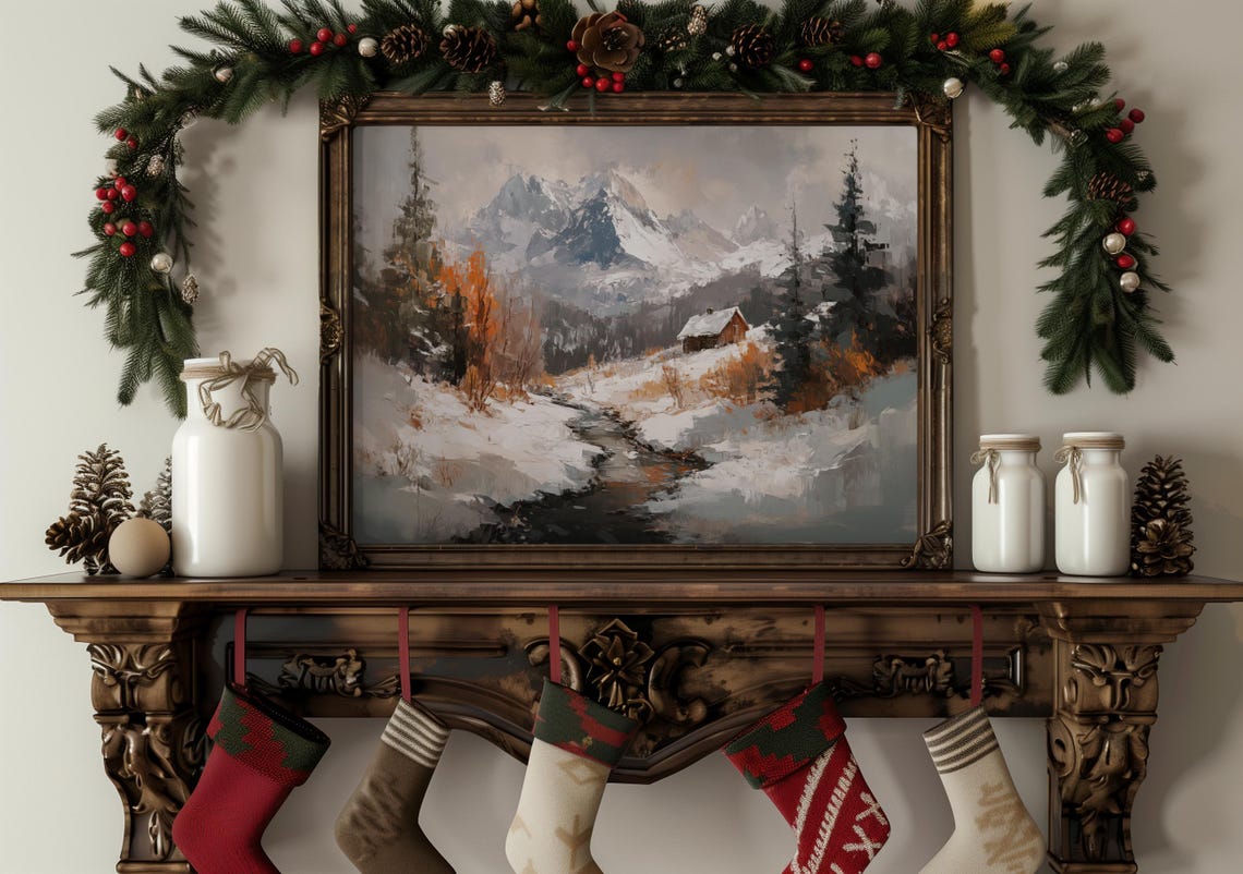 Snowy Mountain Cabin Stream Winter Peaks Rustic Lodge Scene Poster - Image 6