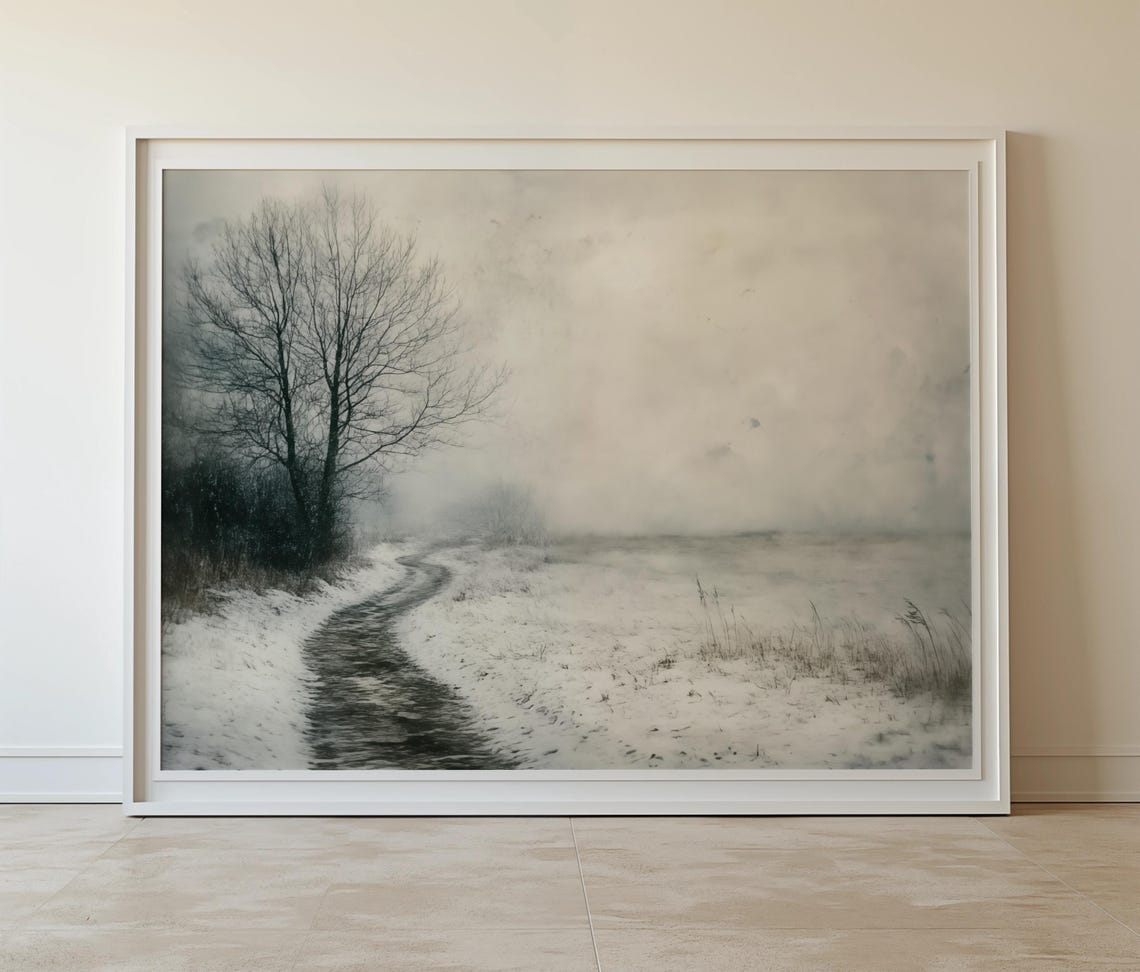 Snowy Path Through Winter Field Bare Tree Misty Country Poster - Image 6