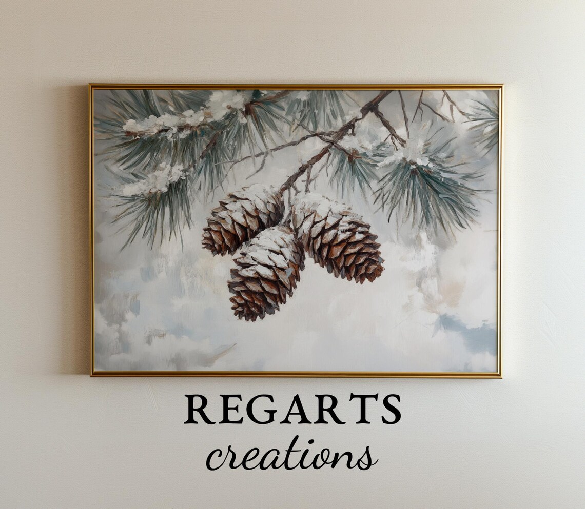Antique Pine Cone Oil Painting, Elegant Winter Scene - Image 7
