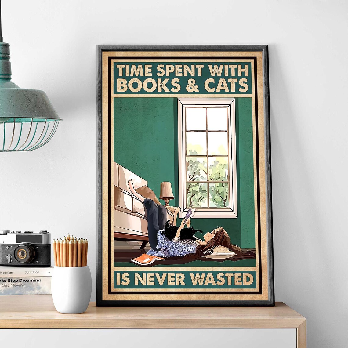Time Spent With Books And Cats Is Never Wasted Cozy Vintage Reader Poster - Image 3