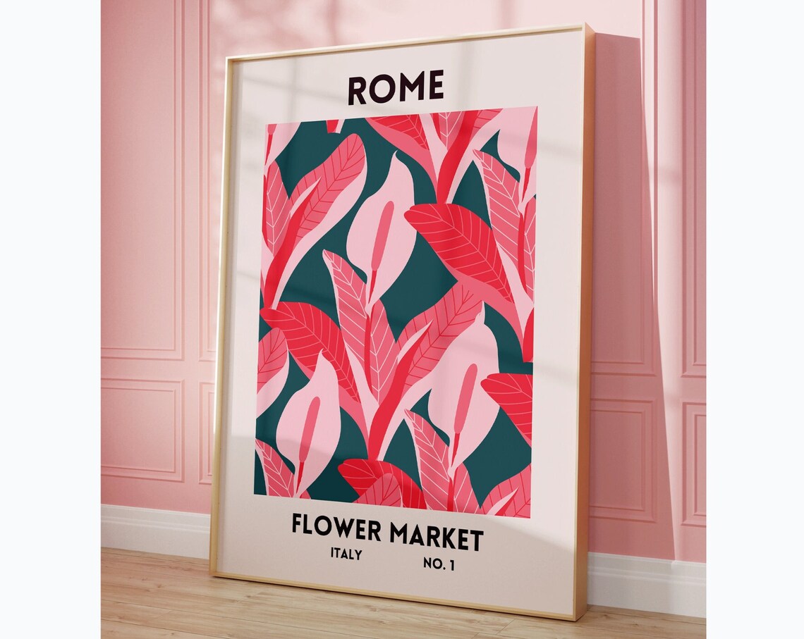 Rome Flower Market Italy No.1 Pink Botanical Leaves Travel Poster