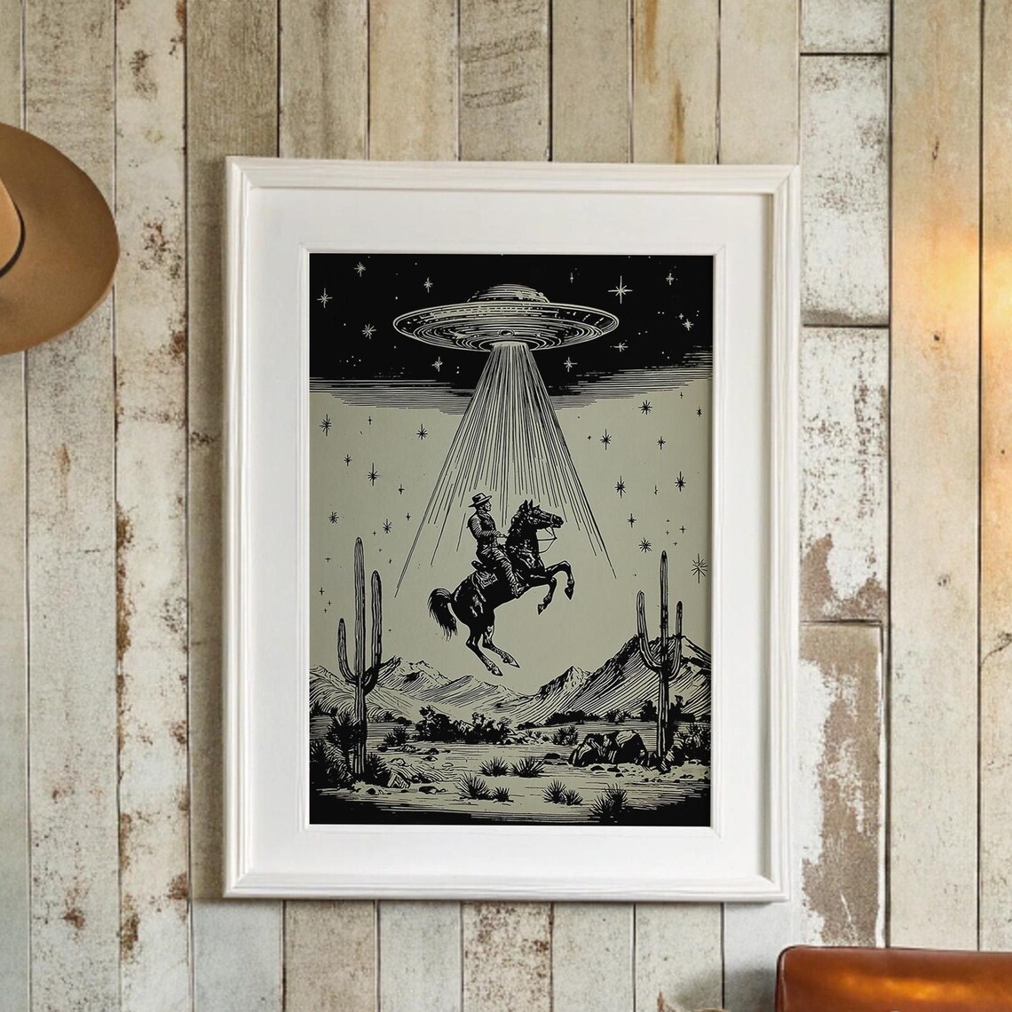 Retro Cowboy Abducted By UFO Over Desert Vintage Woodcut Poster