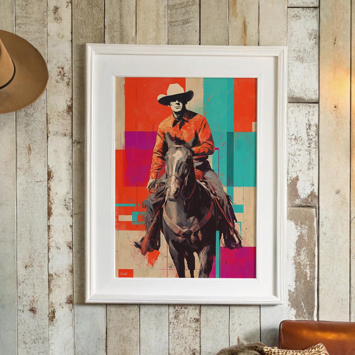 Pop Art Cowboy On Horseback Bold Red And Teal Western Poster