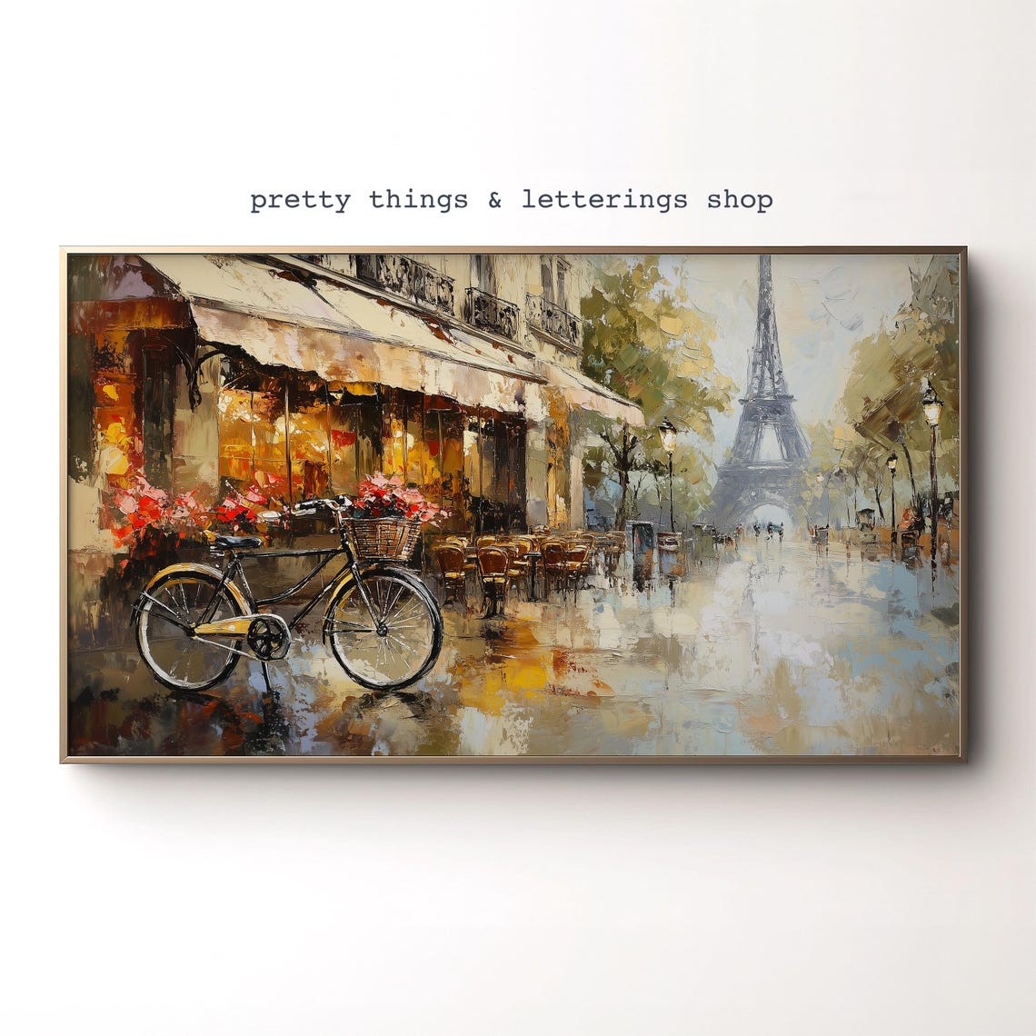 Paris Eiffel Tower Cafe Bicycle Rainy Street Romantic Poster