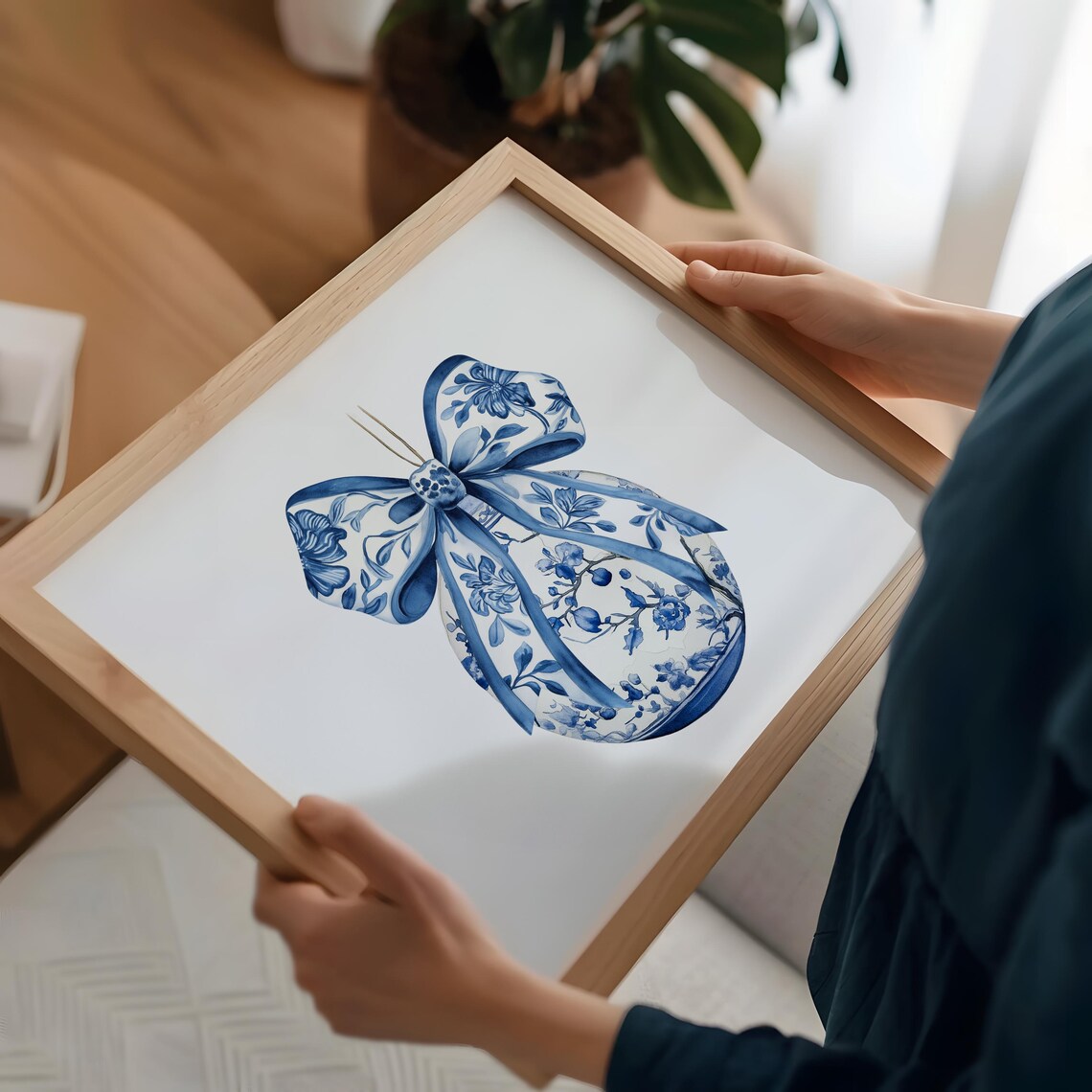 Blue White Chinoiserie Christmas Ornament Bow Watercolor Print