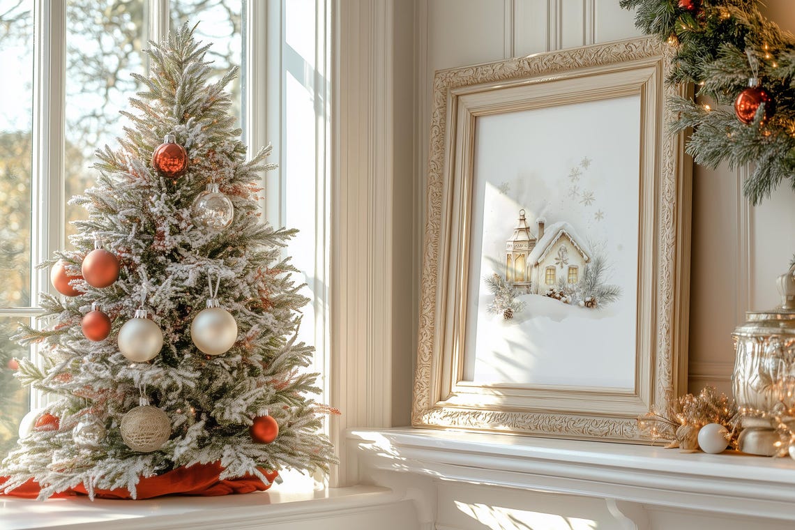 Cozy Snow Covered Cottage Lantern Winter Christmas Scene Print - Image 2