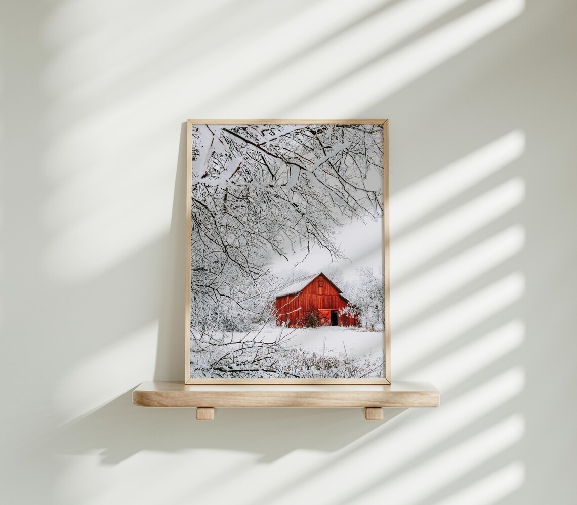 Red Barn Snowy Winter Photography Farmhouse Landscape Art Print - Image 2