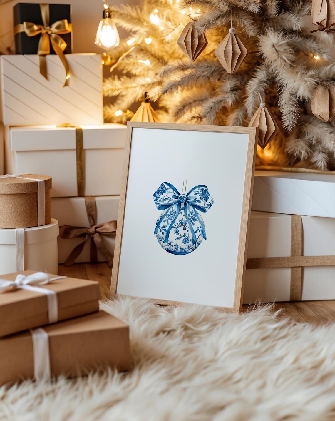 Blue White Chinoiserie Christmas Ornament Bow Watercolor Print - Image 2