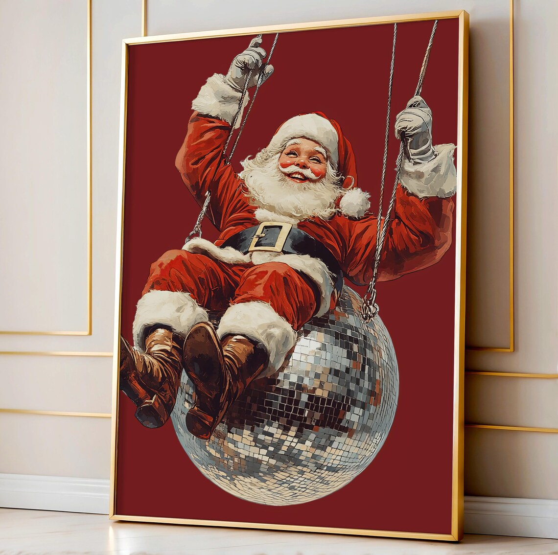 Vintage Santa Swinging on Disco Ball Retro Christmas Art Poster