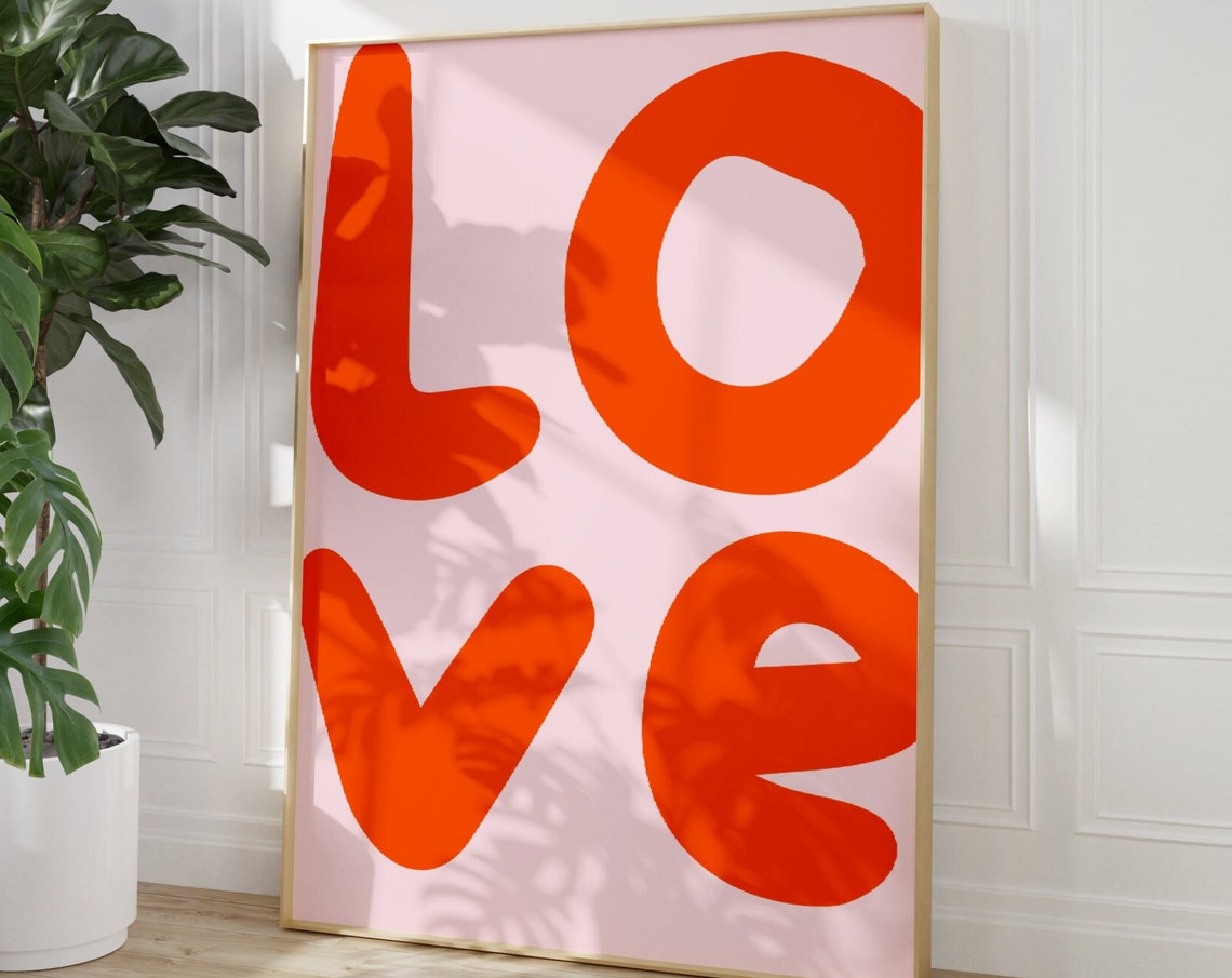 Love Red Bubble Letters Pink Background Retro Y2K Poster Wall Decor