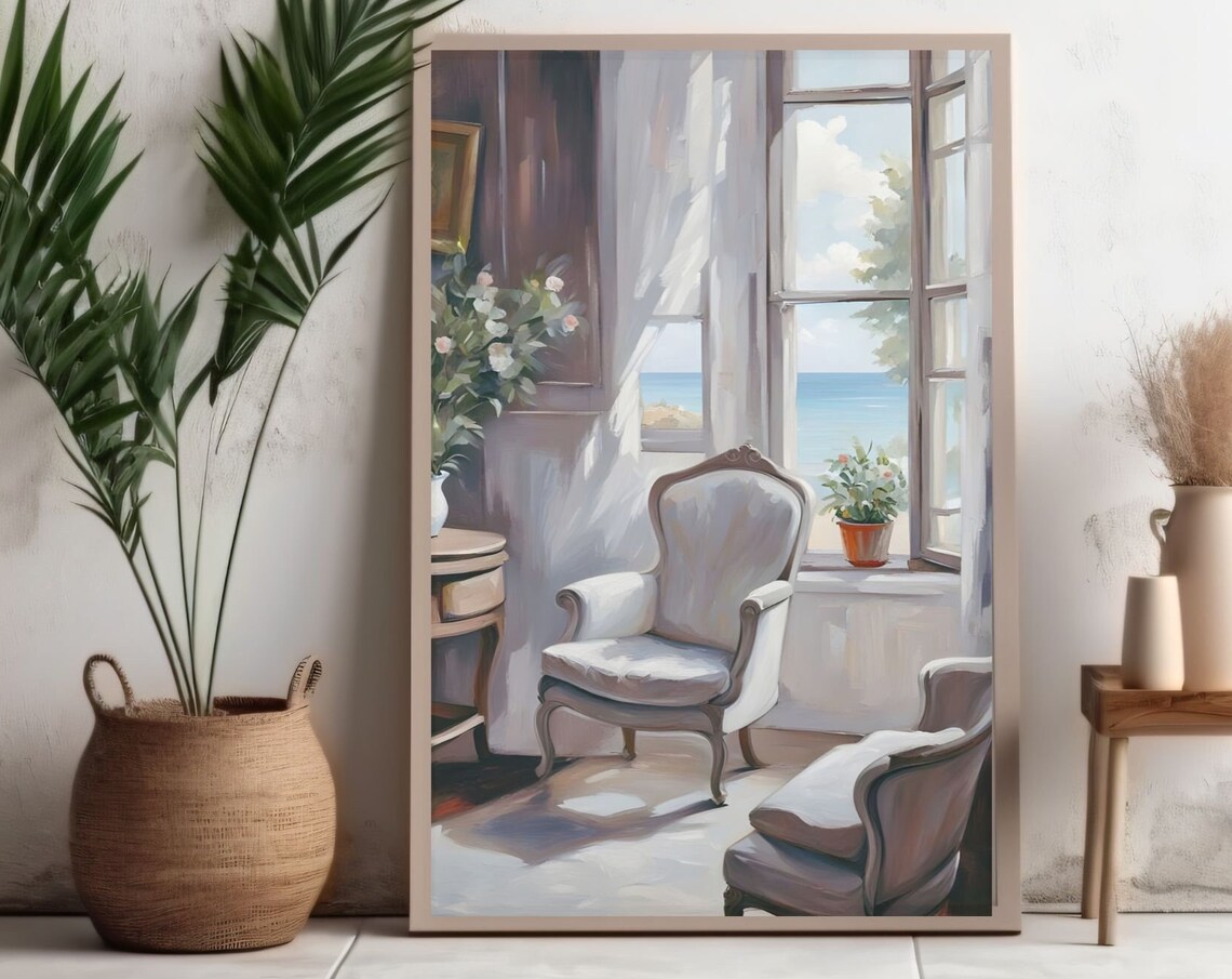 Rustic Interior Armchairs Sea View Window Vintage Oil Painting Poster - Image 2