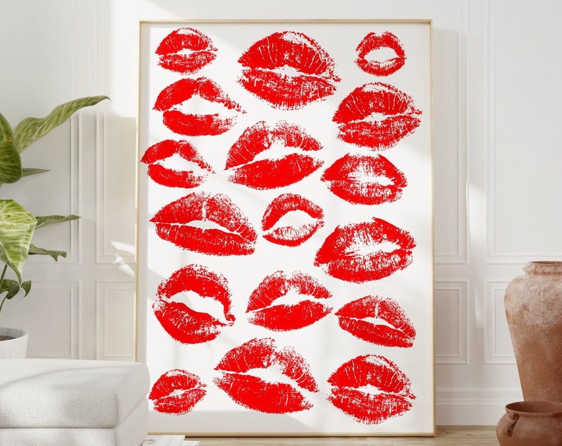 Red Lipstick Kiss Marks Grid White Retro Lips Collage Art Poster