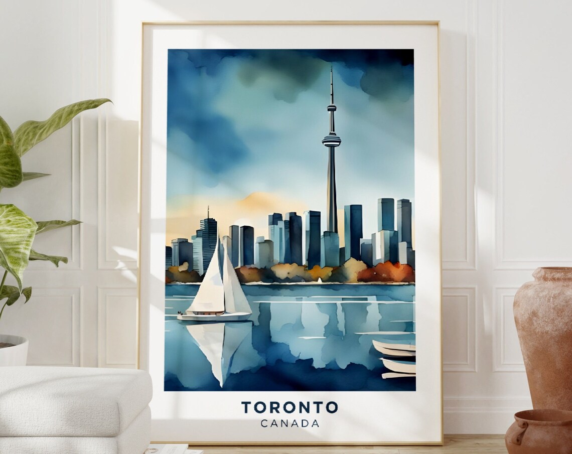 Toronto Canada Watercolor Skyline CN Tower Sailboat Travel Poster