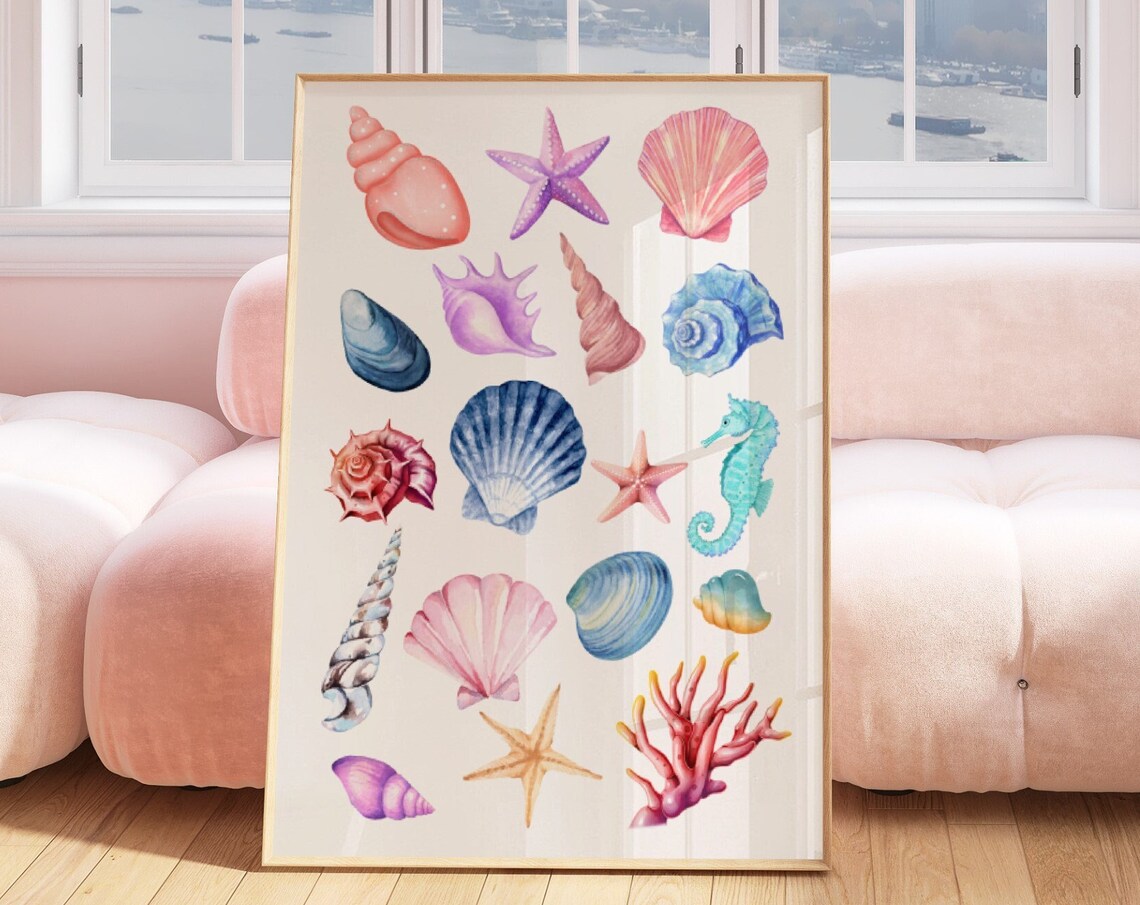 Watercolor Seashells Starfish Seahorse Coastal Collage Room Poster