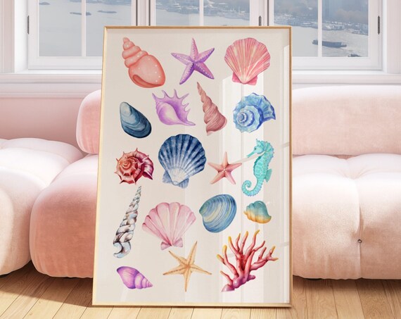 Watercolor Seashells Starfish Seahorse Coastal Collage Room Poster