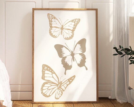 Beige Butterfly Print Preppy Room Decor For Teens Cute Aesthetic Apartment Decor Beige Dorm Decor Girly Poster Neutral Nursery Print