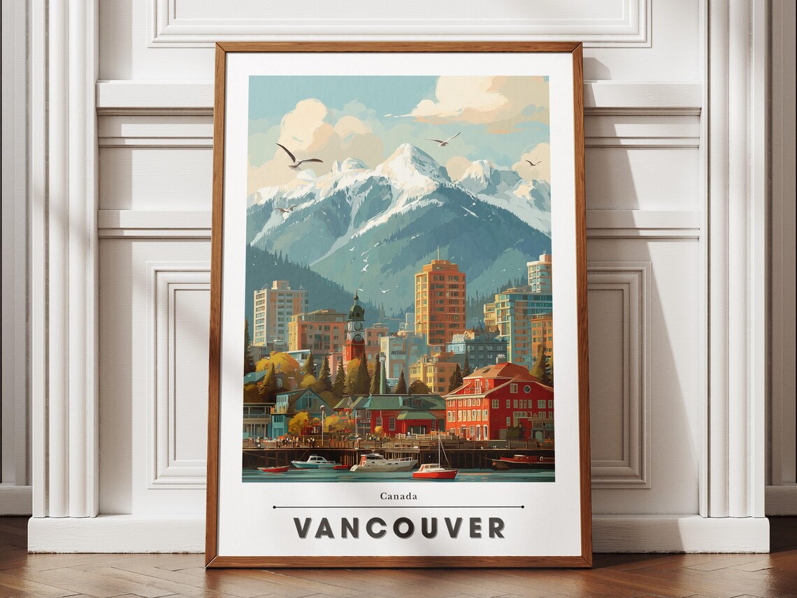 Vancouver Canada Harbor City with Snowy Mountain Peaks Travel Poster