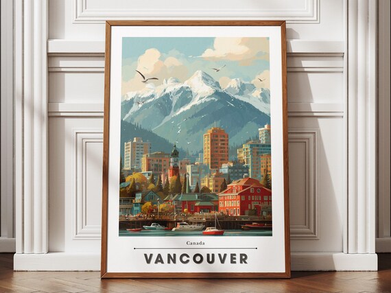 Vancouver Canada Harbor City with Snowy Mountain Peaks Travel Poster
