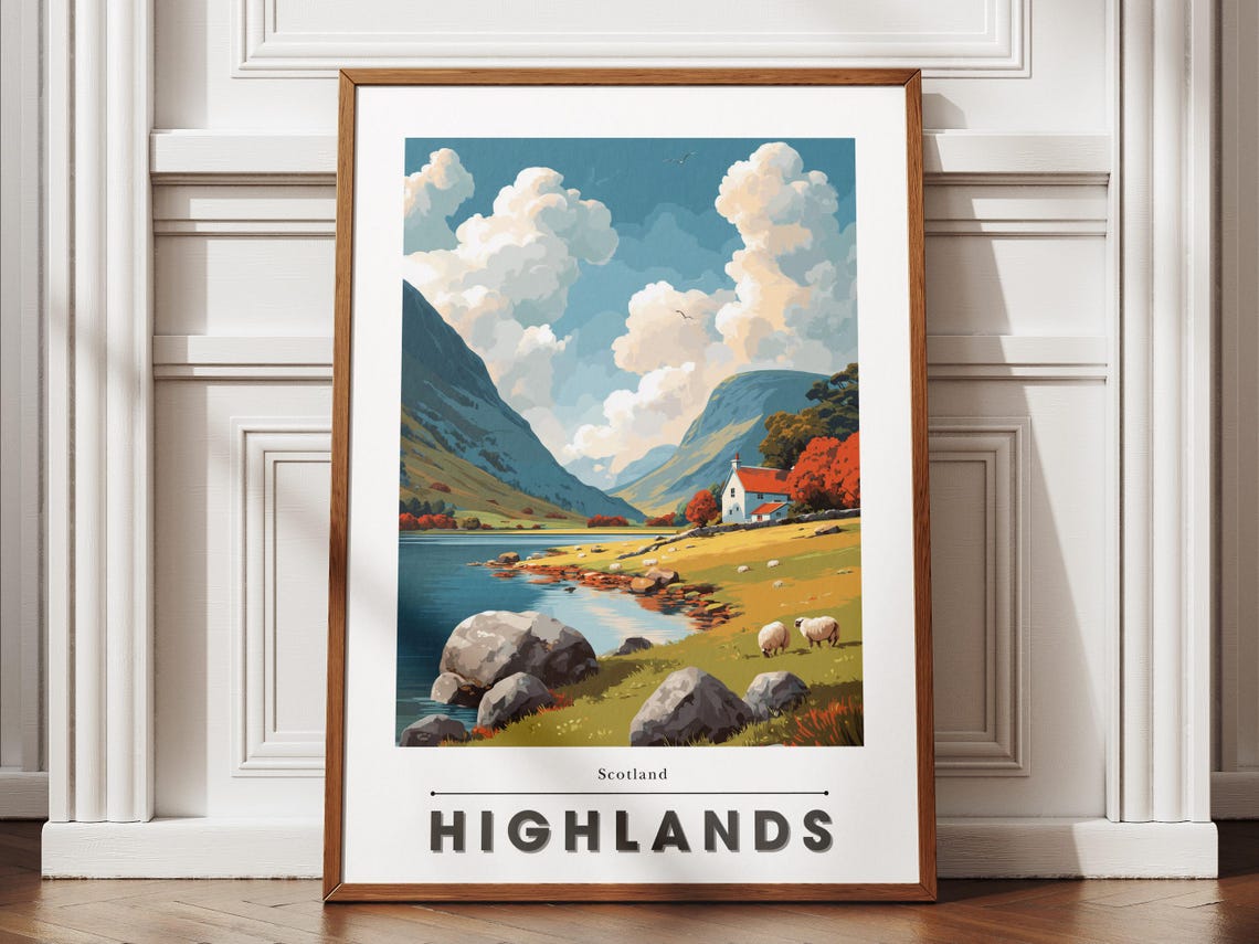 Scottish Highlands Scenic Autumn Valley Loch And Cottage Poster