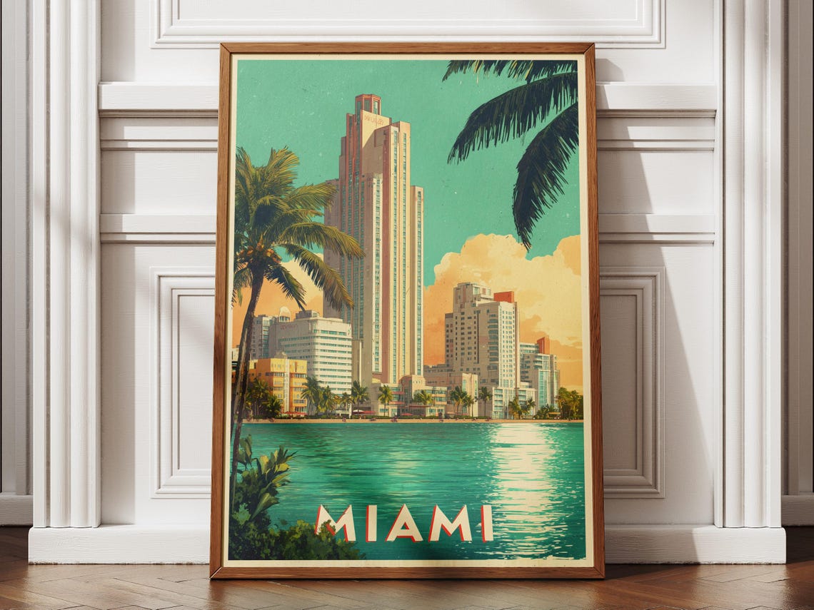 Miami Retro Art Deco Buildings Palm Trees Vintage Travel Poster