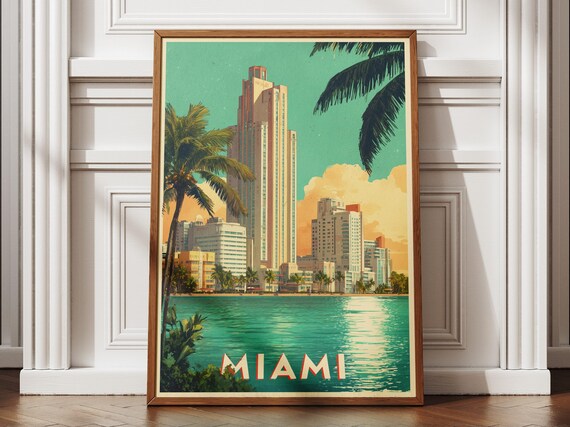 Miami Retro Art Deco Buildings Palm Trees Vintage Travel Poster