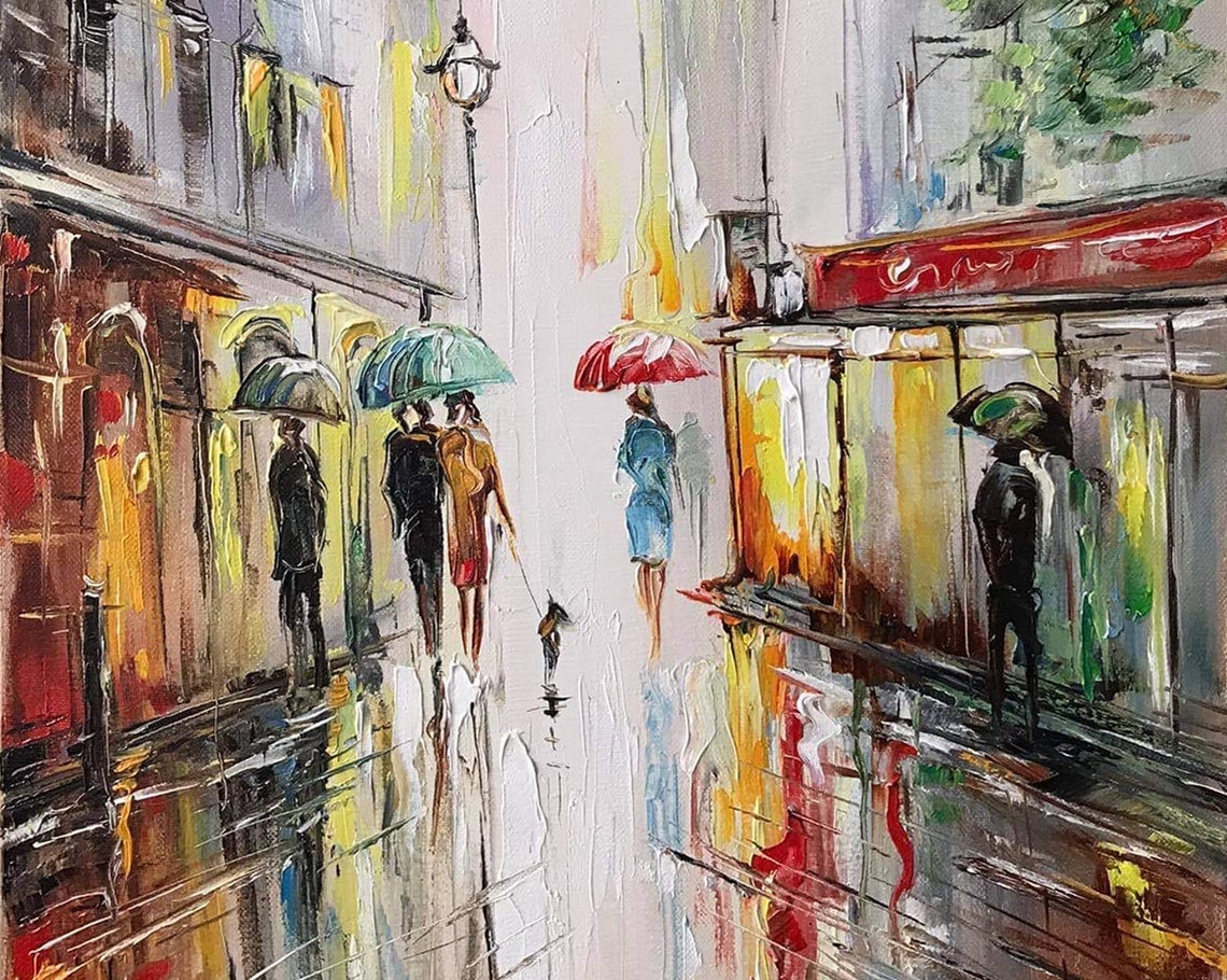 Rainy London Oil Painting Original Big Ben Painting On Autumn Rain London Artwork Rainy Day Wall Art People Under Umbrellas Painting