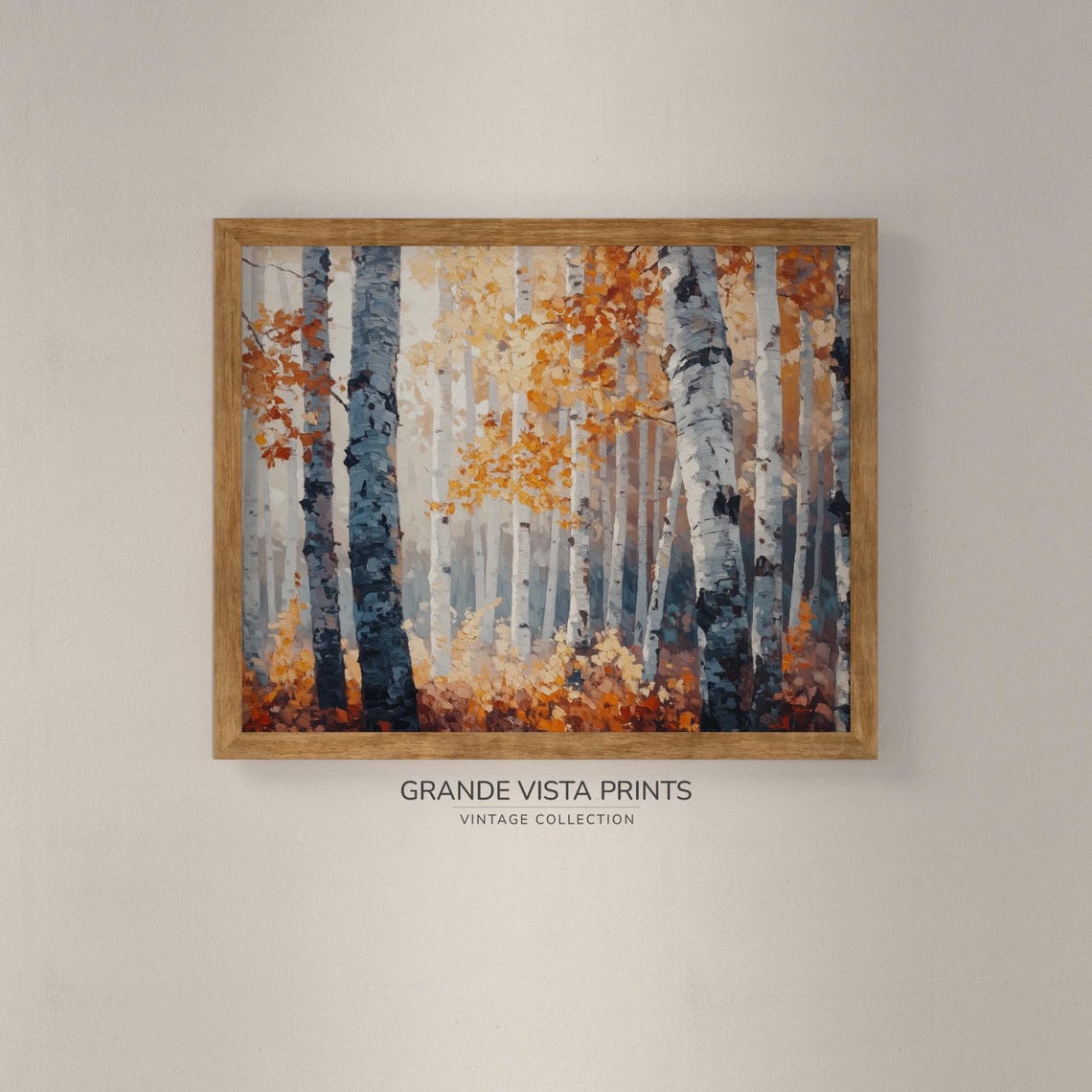 Birch Trunks Blue Gray Shadows Orange Leaves Vintage Autumn Art - Image 4