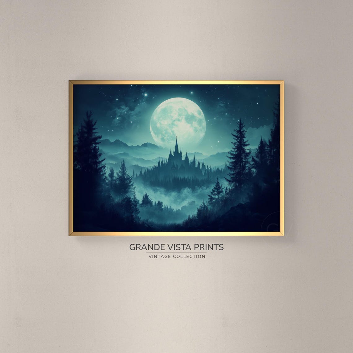 Full Moon Over Misty Castle Valley Dark Pine Forest Night Sky Poster