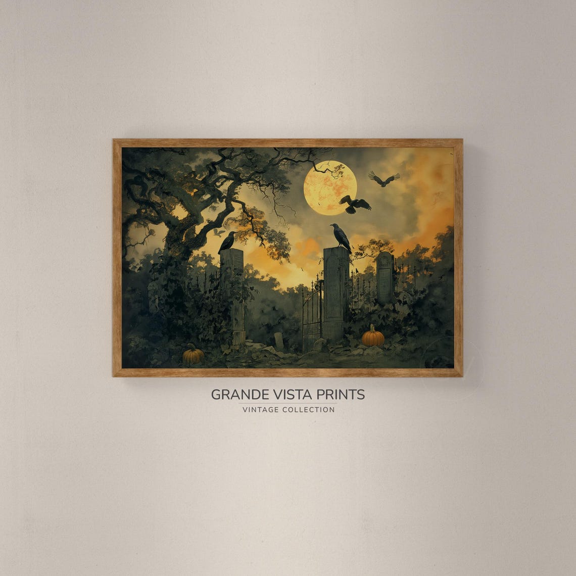 Black Crows on Cemetery Gate Under Full Moon Spooky Halloween Poster - Image 2