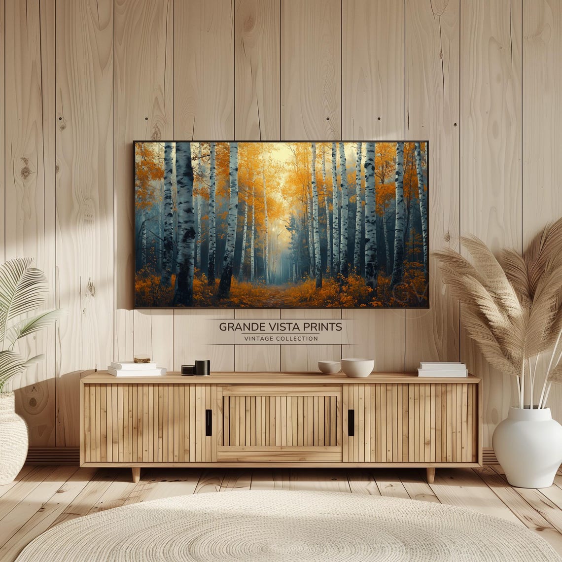 Birch Forest Path Warm Orange Canopy Cool Blue Vintage Poster - Image 2