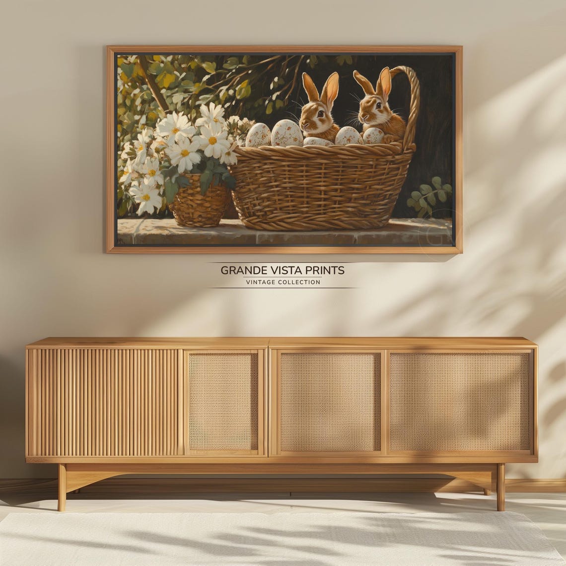 Two Bunnies with Easter Eggs Wicker Basket Daisies Rustic Wall Art - Image 4