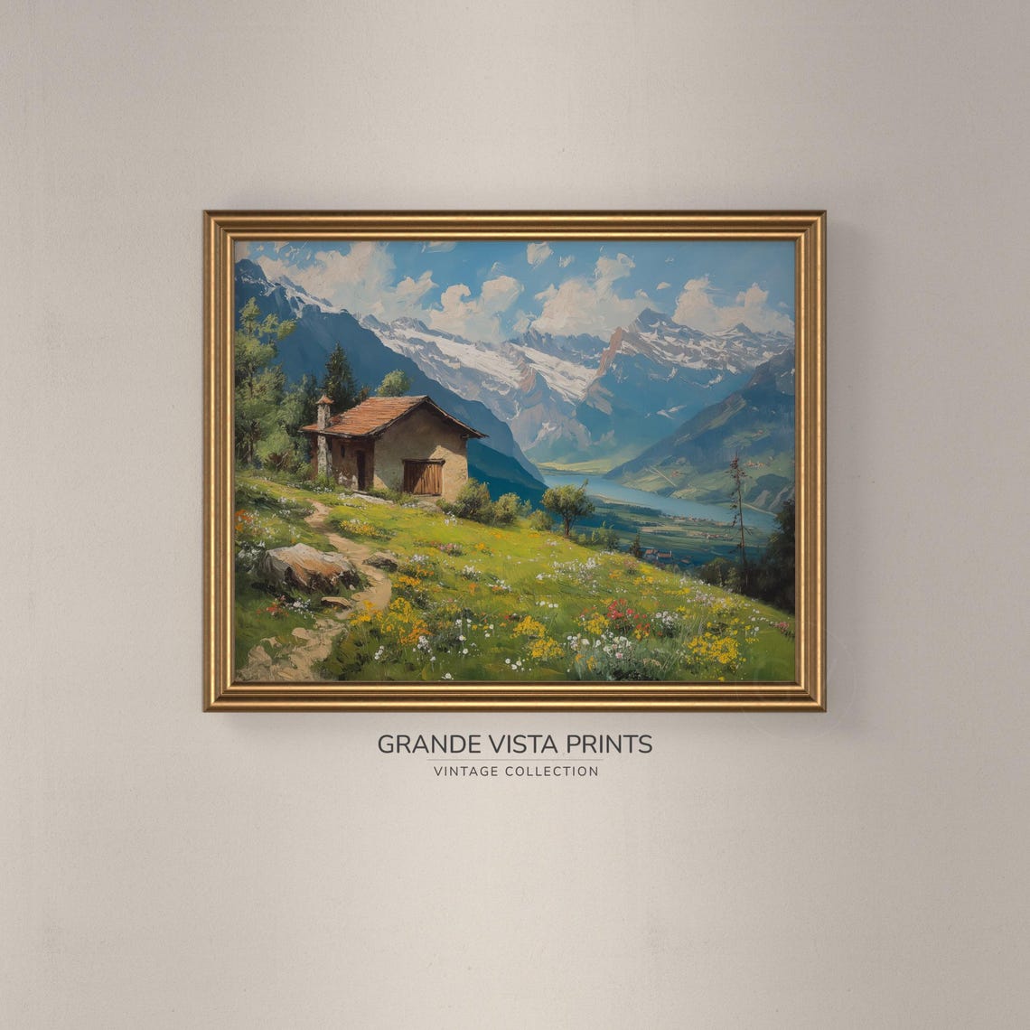 Alpine Chalet Cabin Flower Meadow Snow Mountain Valley View Poster - Image 3