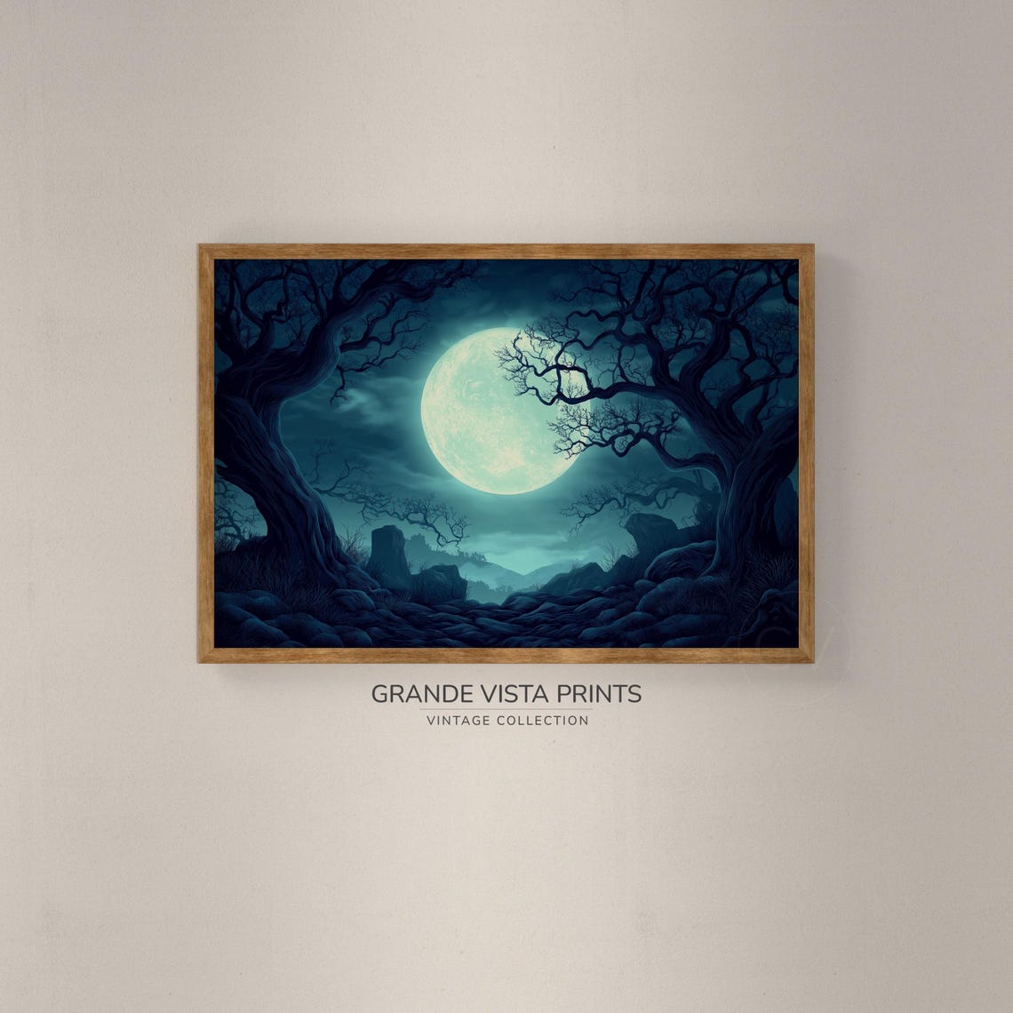 Blue Moon Rising Over Twisted Bare Trees Rocky Night Path Art Poster - Image 2